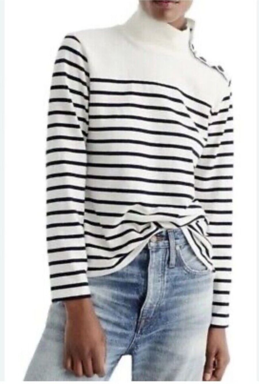 NWT J. Crew Women's S Striped Button-Shoulder Turtleneck Style G8328 Ivory Green